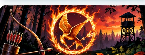 Flaming bird emblem above a forest survival landscape
