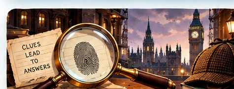 Magnifying glass examining clues in an old London detective scene
