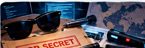 Top secret spy dossier with sunglasses and mysterious gadgets